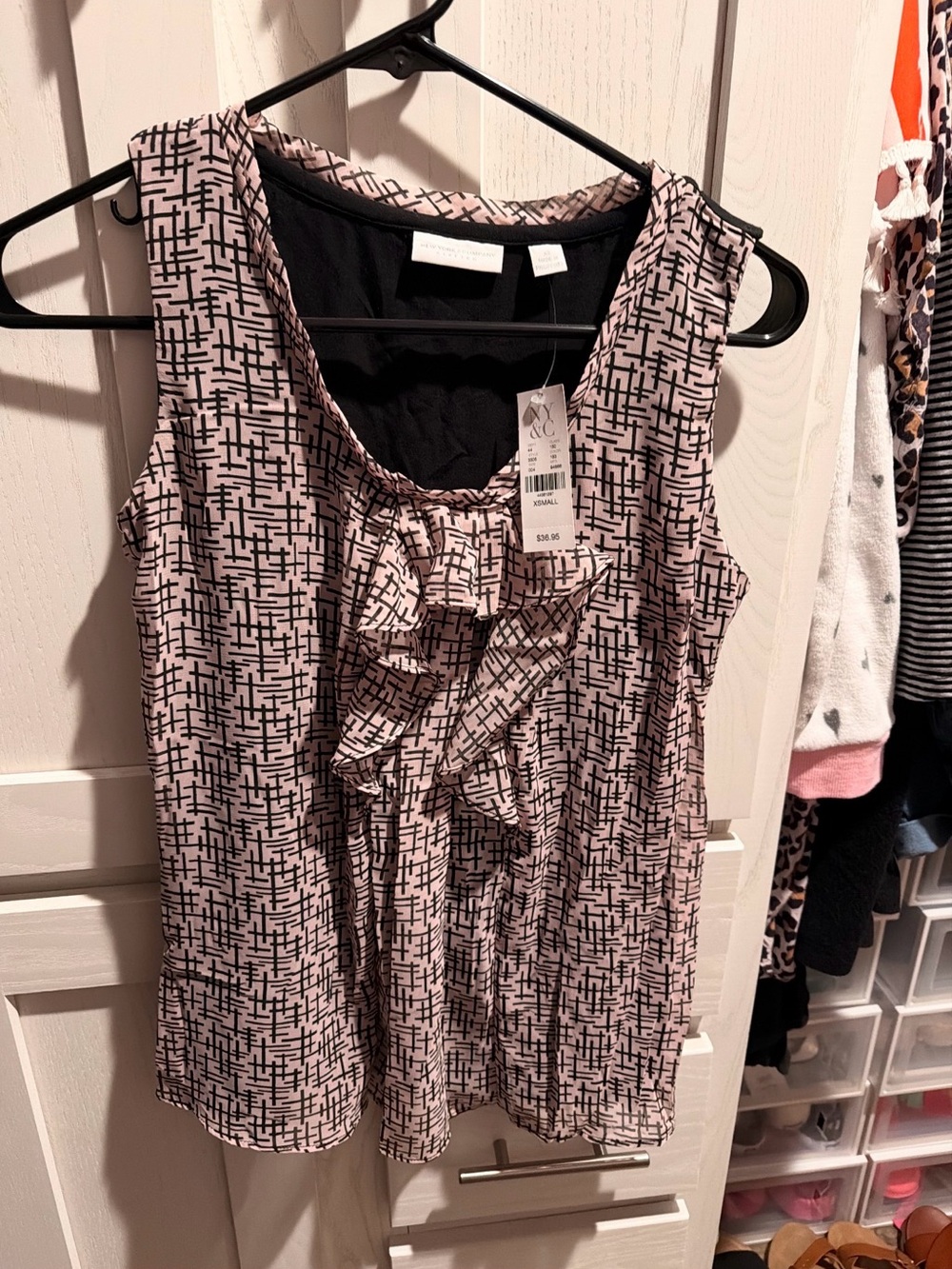 New York & Company Pink and Black Geometric Print Top